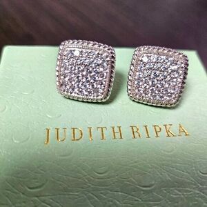 Judith Ripka Square Glistening White Crystal Clip on Earrings